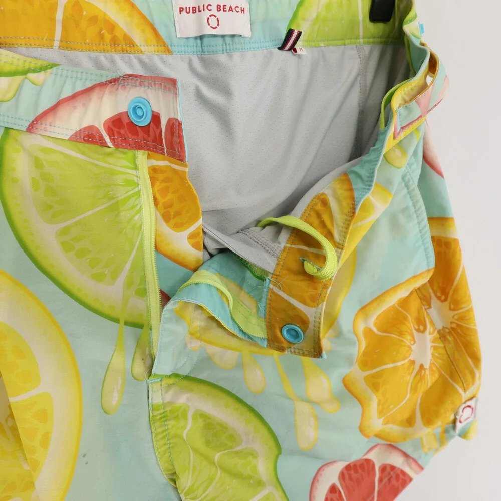 Public Beach Swim Trunks Mens M Blue Citrus Fruit Print Board Shorts Lined